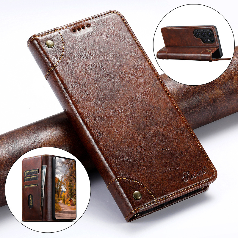 Suitable for Samsung Galaxy S26 Ultra Business S25 Flip Leather Case S24+ Wallet-Style Leather Case S23 Plus Oil Wax Leather Texture S22 High-End Texture Note20 Full-Cover Protective Case Anti-Drop for Men