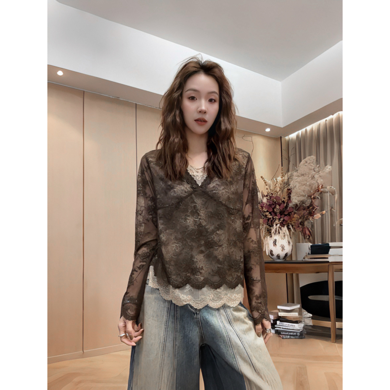Little Jing Jing Takes a Break [Rose Jacquard Lace Blouse] 26 Early Autumn New Double-Layer Long-Sleeve T-Shirt Top D4701