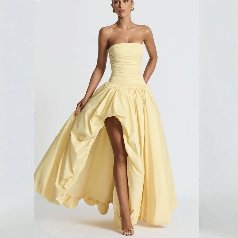 2025 Summer New European and American Cross-Border Women's Clothing Strapless Slit Lace-Up Solid Color Elegant Fashion Dress
