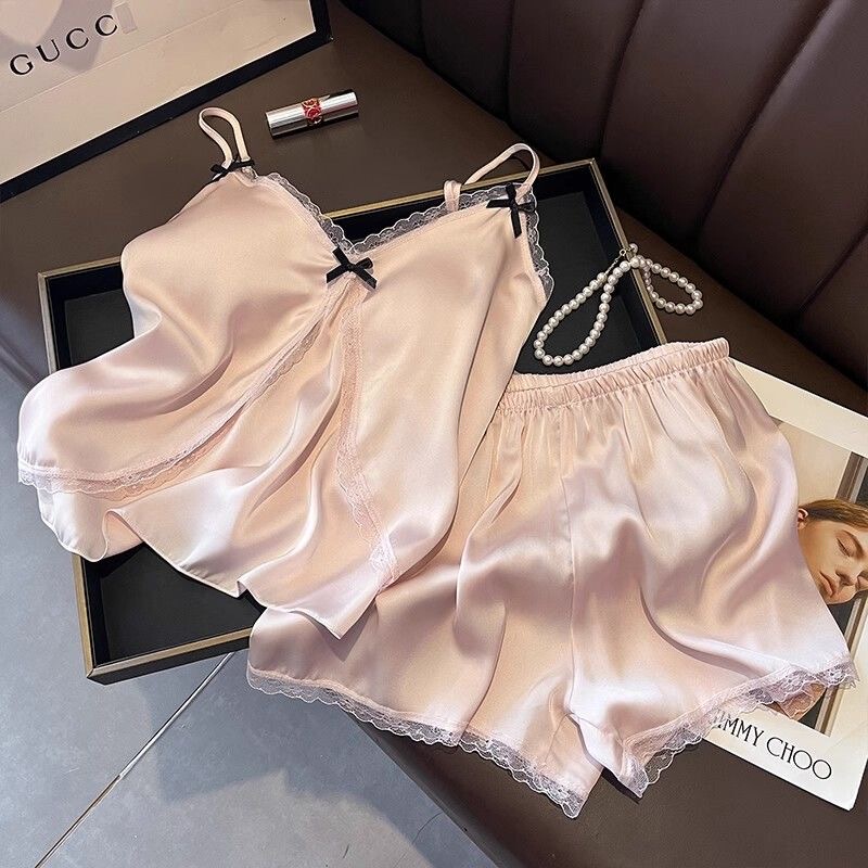 With Chest Pads! Summer Ice Silk Pajamas for Women, Lace Trim, Sweet and Sexy, Pure Desire Style, Camisole Shorts, Loungewear