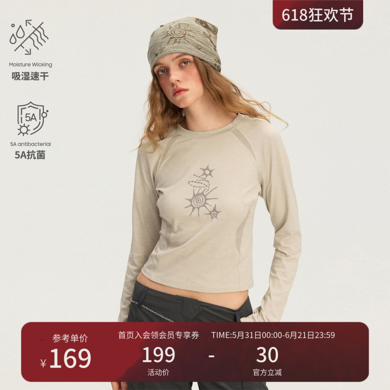 Instant Mountain Monrest Waffle Texture Splicing 5A Antibacterial Moisture-Wicking Quick-Drying Printed Long-Sleeve T-Shirt for Women