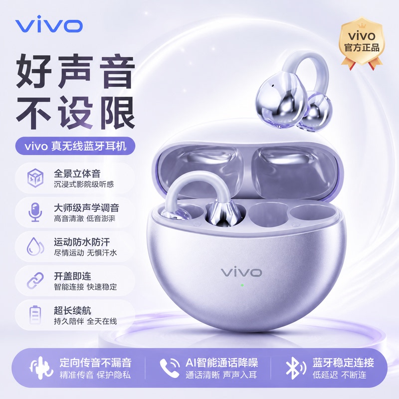 Vivo Bluetooth Headphones 2026 New Model Air Conduction Non-In-Ear Wireless Clip-On Sports Earphones with Long Battery Life and Noise Reduction