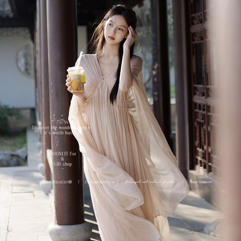 New Chinese-Style Dress for Women, with a Cool and Sophisticated Zen-Inspired National Style, Heavy Pleated Chiffon Long Dress for Vacation