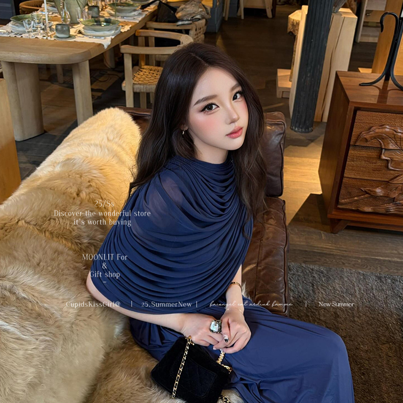 Vacation Dress, Elegant Socialite Style, Birthday Dress, Heavy Pleated, Asymmetrical Shawl-Style, Waist-Cinching Chiffon Long Dress Vacation Dress, Elegant Socialite Style, Birthday Dress, Heavy Pleated, Asymmetrical Shawl-Style, Waist-Cinching Chiffon Long Dress