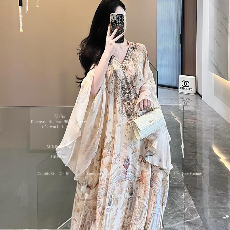 Vacation Dress for Women, High-End, Exquisite, Ladylike, French-Style Print, Heavy Embellishment with Rhinestones, V-Neck, Chiffon, Long Skirt with a Large Hem Vacation Dress for Women, High-End, Exquisite, Ladylike, French-Style Print, Heavy Embellishment with Rhinestones, V-Neck, Chiffon, Long Skirt with a Large Hem