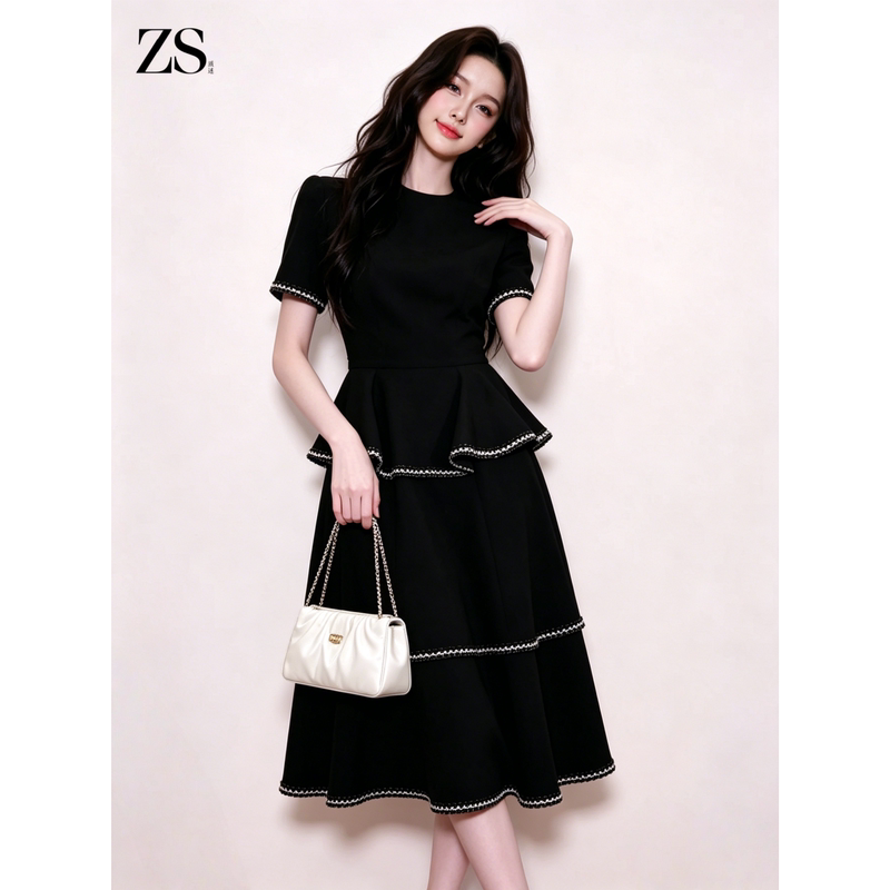 Zs Elegant Black Dress for Important Occasions, High-End Party Gown, Banquet Chanel-Style Dress
