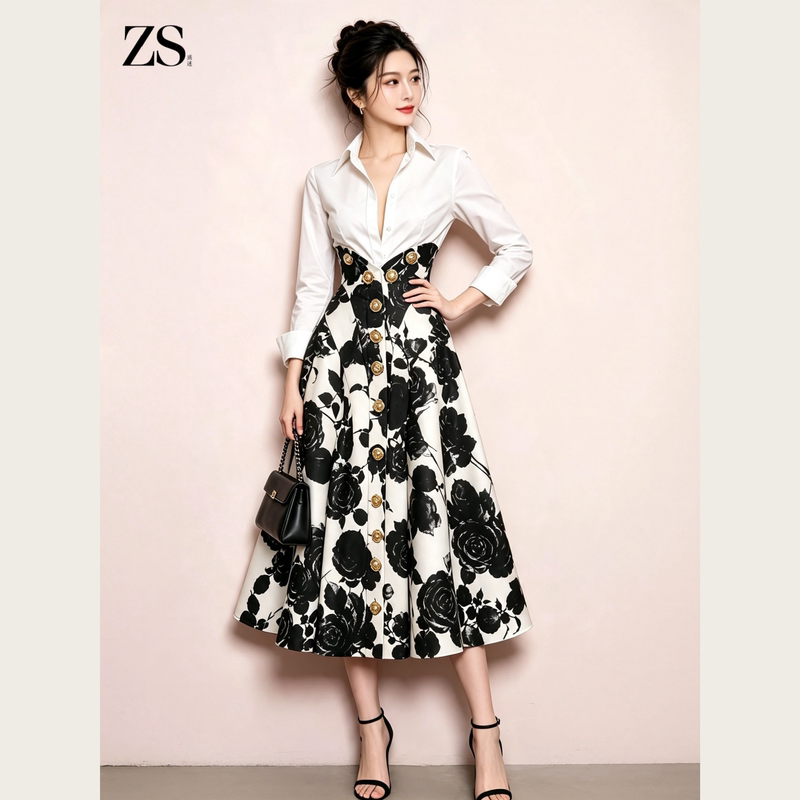 Zs Quality Statement: Sister-Style Luxurious and Elegant Set, French Rose Floral Print Metal Buckle Skirt Two-Piece Set Zs Quality Statement: Sister-Style Luxurious and Elegant Set, French Rose Floral Print Metal Buckle Skirt Two-Piece Set