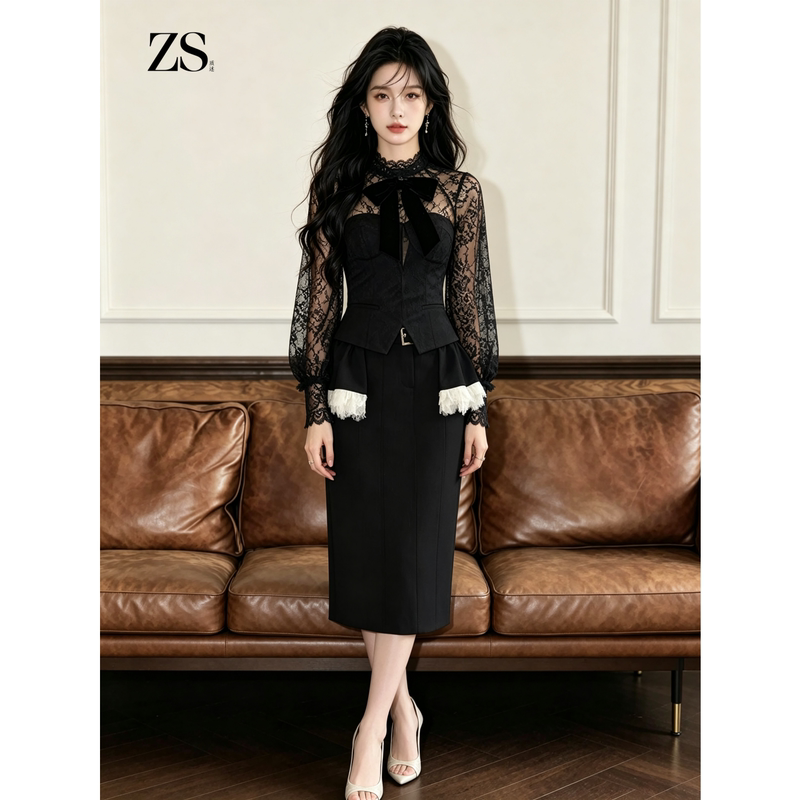 Stunningly Beautiful Ladylike Style Lace Splicing Mesh Elegant Black Bow Tie Waist-Cinching Fashionable High-End Suit Dress
