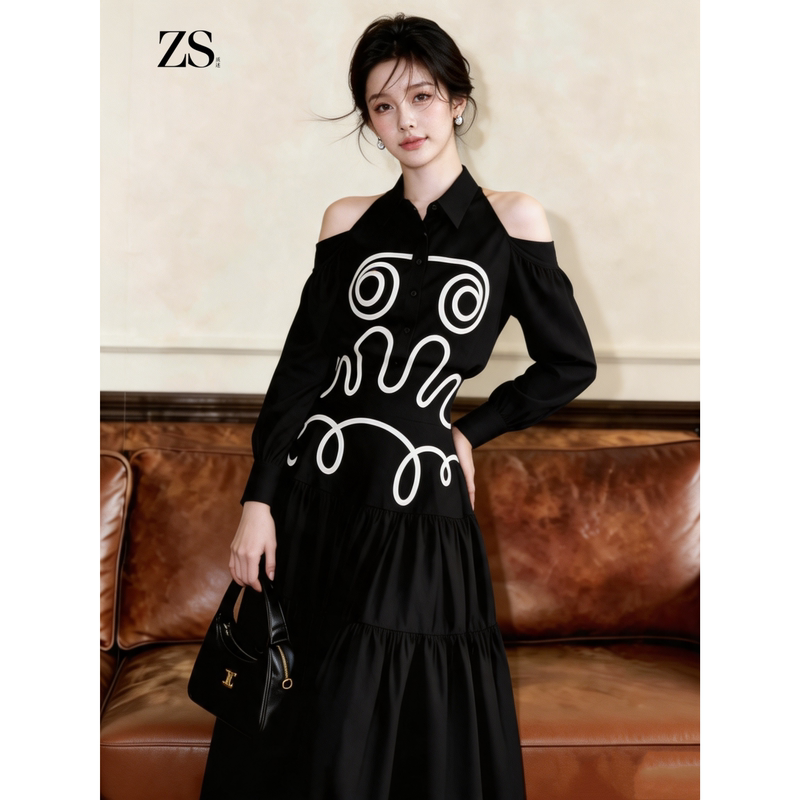 Elegant and Stylish Designer Dress with a Beautiful Bow, Black Off-Shoulder Shirt Dress for Women
