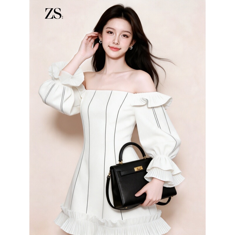 Petite and Slimming High-Quality Elegant Off-White Off-Shoulder Bell-Sleeve Dress for Women, Fall 2026 Petite and Slimming High-Quality Elegant Off-White Off-Shoulder Bell-Sleeve Dress for Women, Fall 2026