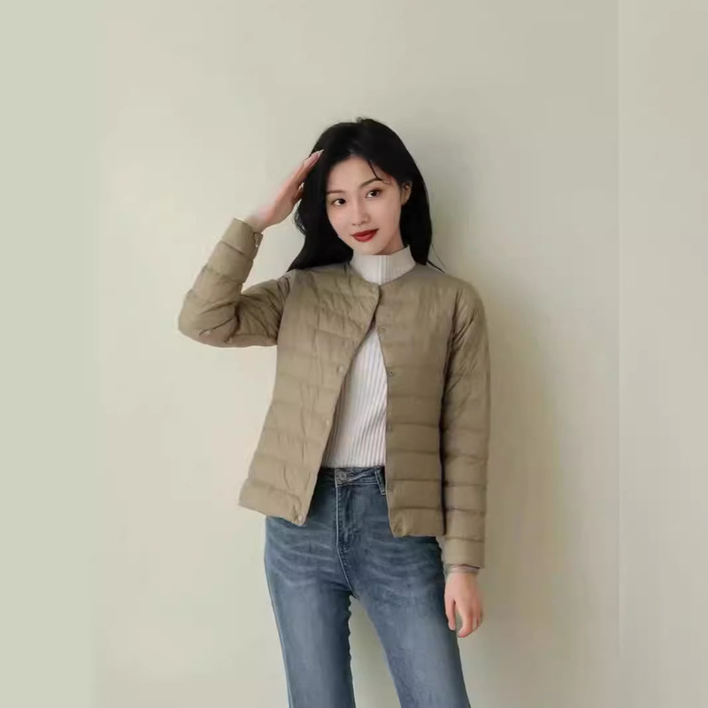 Thin Cotton-Padded Jacket with Single-Row Buttons, Round Neck, Pockets, Women's Cotton Coat, Women's Autumn and Winter Jacket