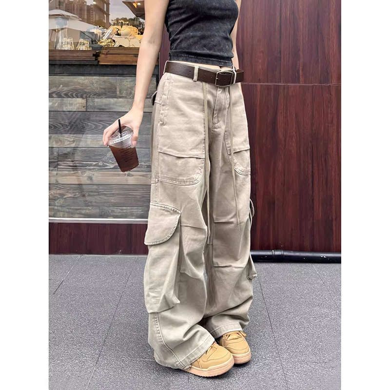 Korean Uamtor American Retro Work Pants for Women, Spring and Autumn, Multi-Pocket, Loose Straight-Leg Cleanfit Wide-Leg Pants