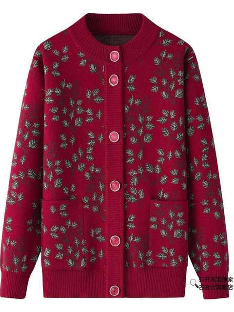 Middle-aged and elderly spring and autumn mother's coat grandma sweater women's velvet sweater cardigan autumn and winter warm elderly clothes