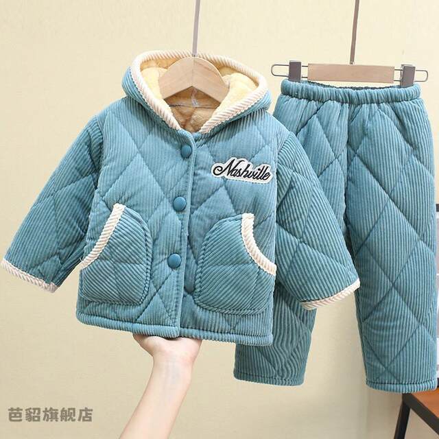 Autumn and winter Hunan Provincial clothing children's baby three-layer quilted pajamas plus velvet thickened warm home clothing set for boys and girls