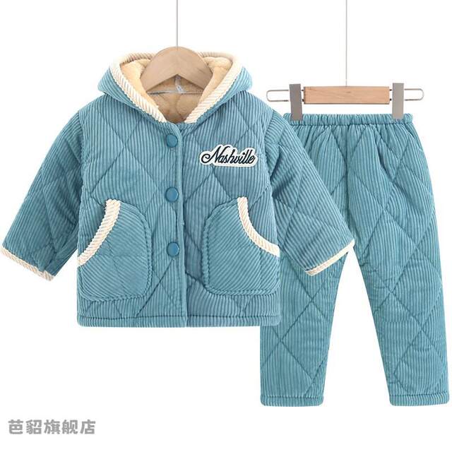 Autumn and winter Hunan Provincial clothing children's baby three-layer quilted pajamas plus velvet thickened warm home clothing set for boys and girls