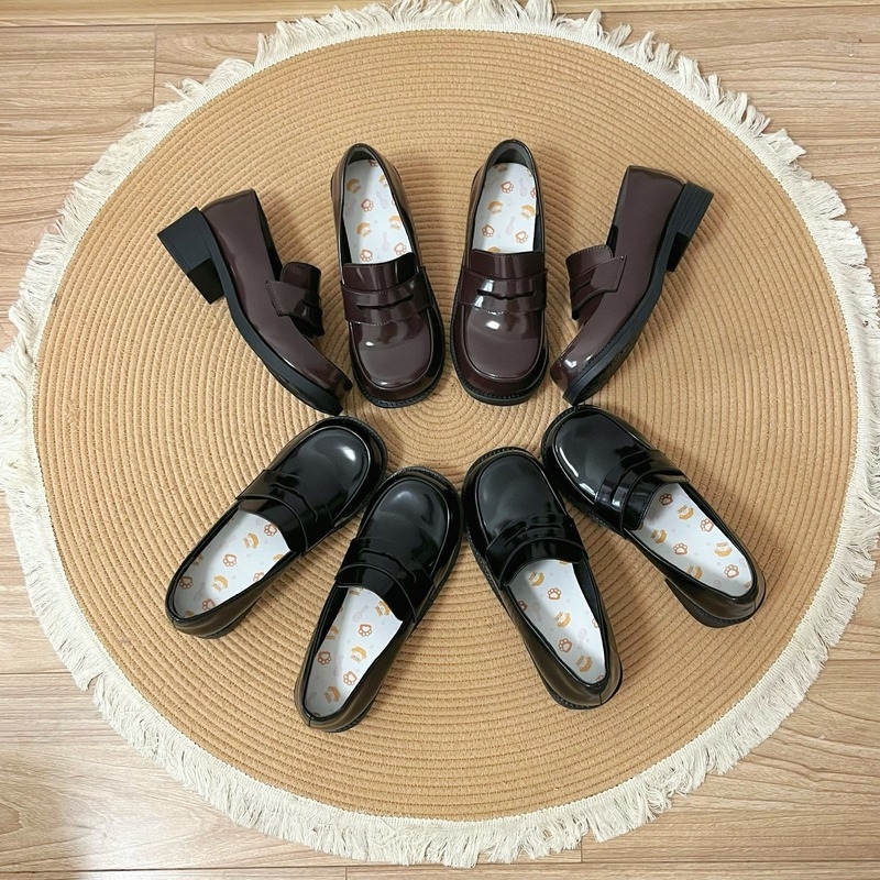 【Tata Pai】Small Egg Tart Square-Toe Single Shoes for Women, Uniform Shoes, High-Heeled School Style Bear Claw Small Leather Shoes, Jk Japanese Style