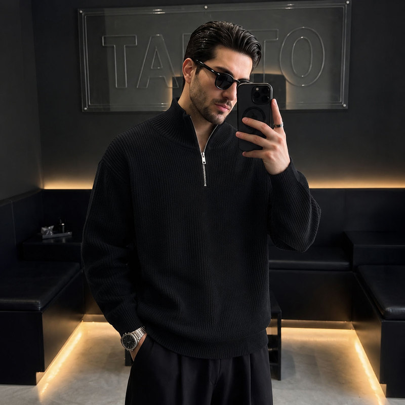 Mr. Xu's Trendy Brand Half-Zip Stand Collar Knit Sweater Men's Jacket for Spring and Autumn, Simple Casual Style with a High-End Feel, Thickened Sweater