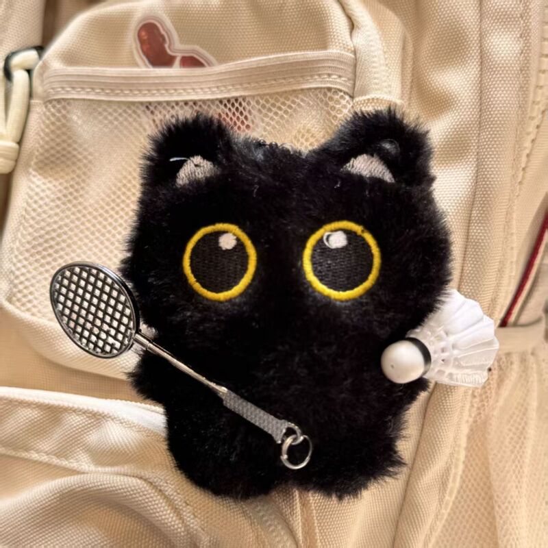 Badminton Partner Little Black Cat Pendant, Cute Playing Badminton Little Black Cat Plush Doll, Gift for Badminton Friends, Bag Pendant