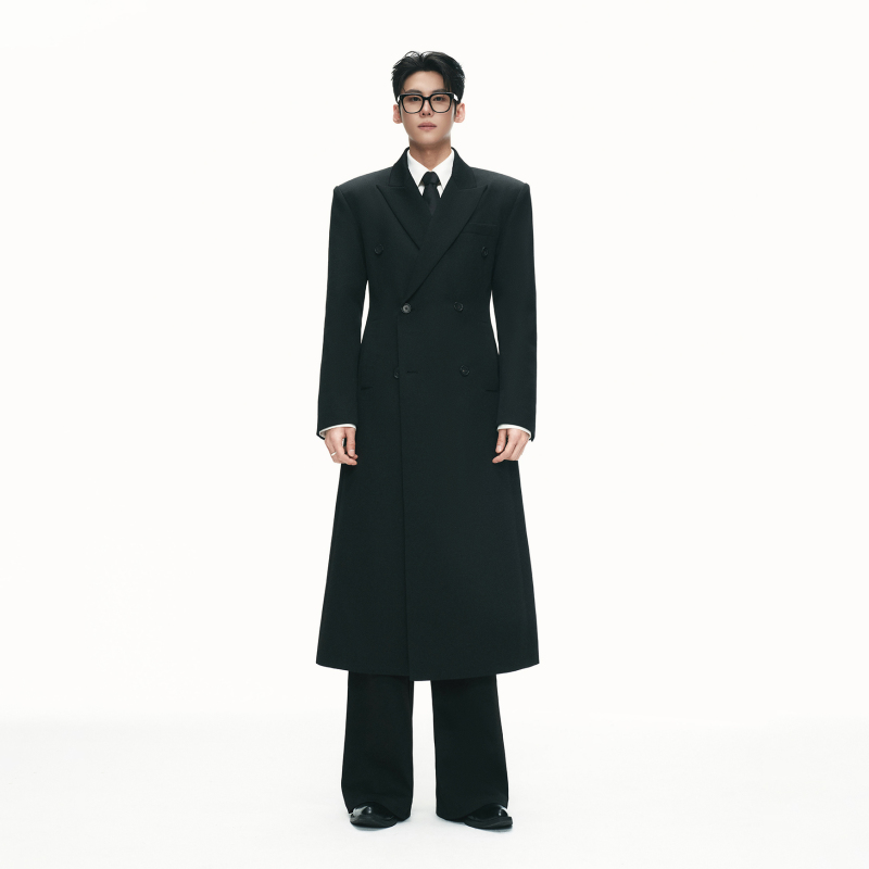 Nobu 「Brace Series」 Autumn and Winter Heavy Wool Two-Tone Twill Waist-Cinching Over-The-Knee Coat