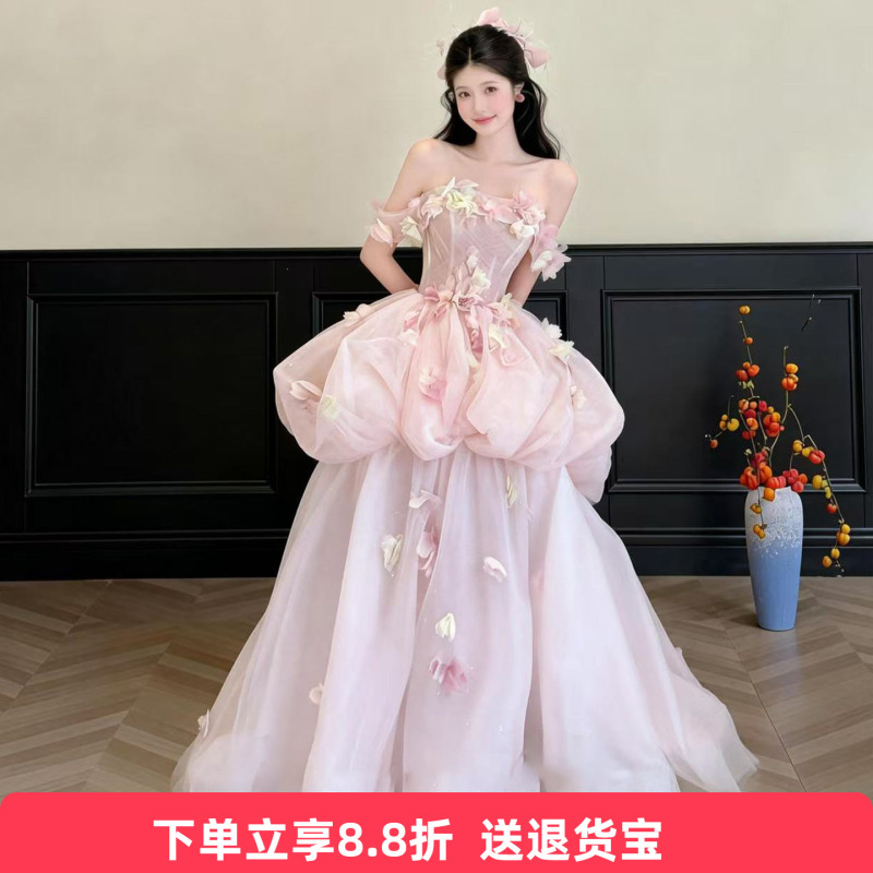 Engagement Dress, High-End Light Luxury Niche Floral Pink Dressing Gown, Female Bride's Toast Dress, Birthday Coming-Of-Age Ceremony, Super Fairy-Like Engagement Dress, High-End Light Luxury Niche Floral Pink Dressing Gown, Female Bride's Toast Dress, Birthday Coming-Of-Age Ceremony, Super Fairy-Like