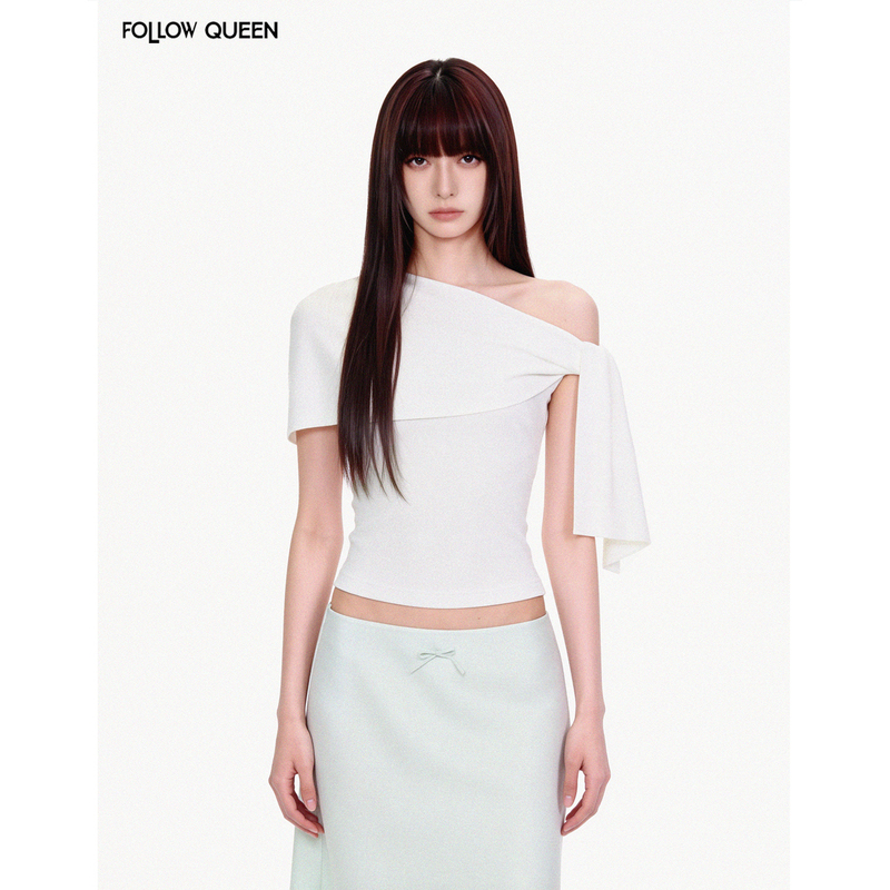 Followqueen Asymmetrical Cape-Style Ruched Off-Shoulder Slim-Fit Short-Sleeve T-Shirt Top Followqueen Asymmetrical Cape-Style Ruched Off-Shoulder Slim-Fit Short-Sleeve T-Shirt Top