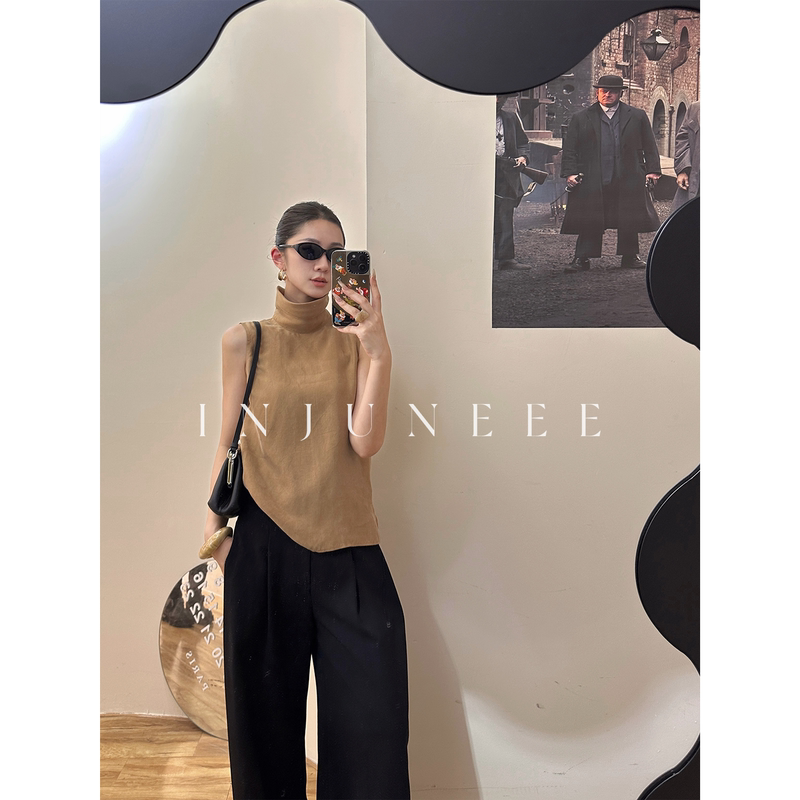 Liu Jiujiu Injuneee Irish-Style Copper Ammonia Silk Tank Top for Women, Summer Minimalist Ageless High-Neck Sleeveless Top