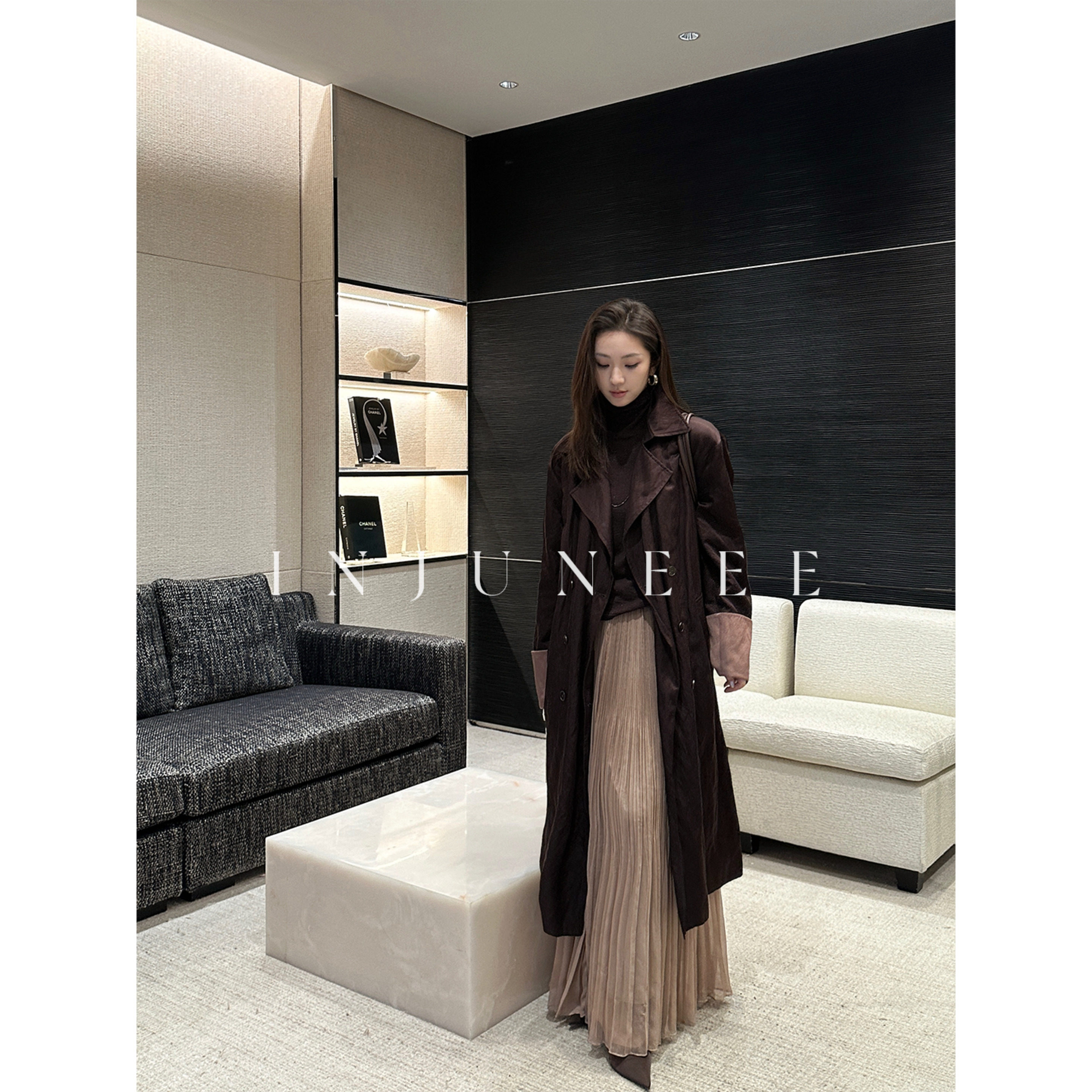 Liu Jiujiu Injuneee Bordeaux 2026 Autumn Stunning Brown Trench Coat for Women, Mid-Length