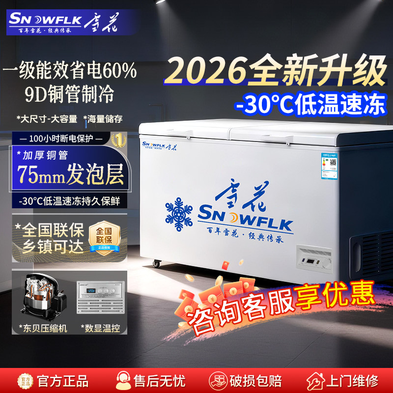Snowflake First-Class Energy-Efficiency Freezer Commercial Large-Capacity Horizontal Freezer Dual-Temperature Refrigeration and Freezing Household Freezer