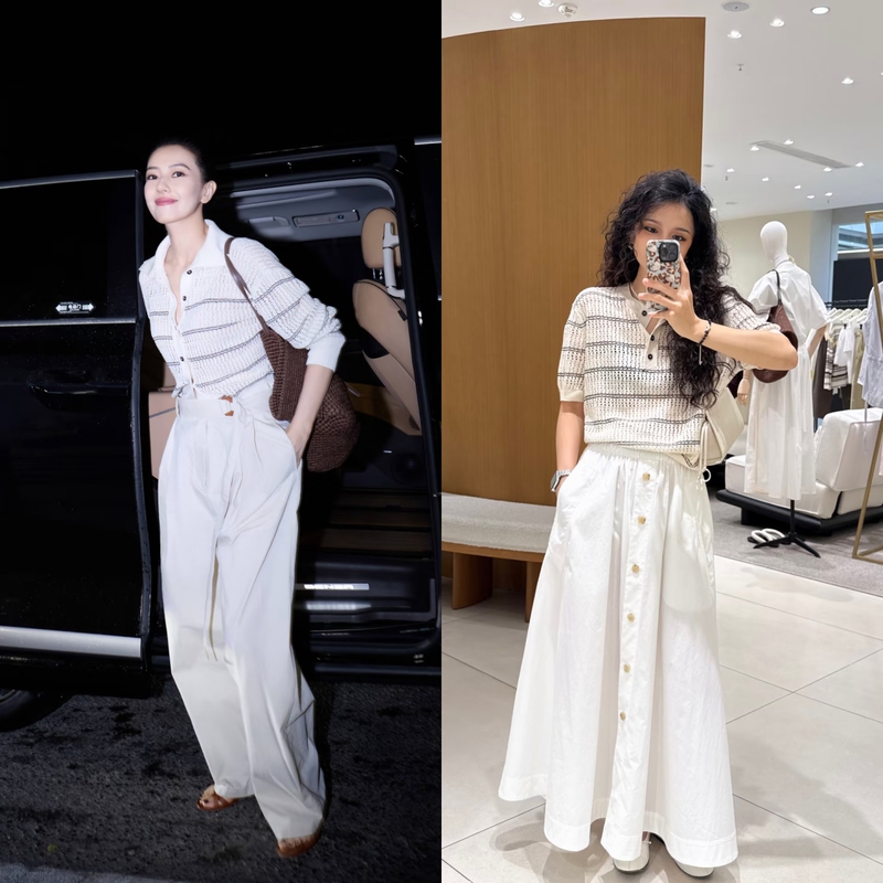 E~D Gao Yuanyuan's Same Style Hollow-Out Striped Sailor Collar Long-Sleeve Knit Top + Henry Collar Short-Sleeve Knit Top