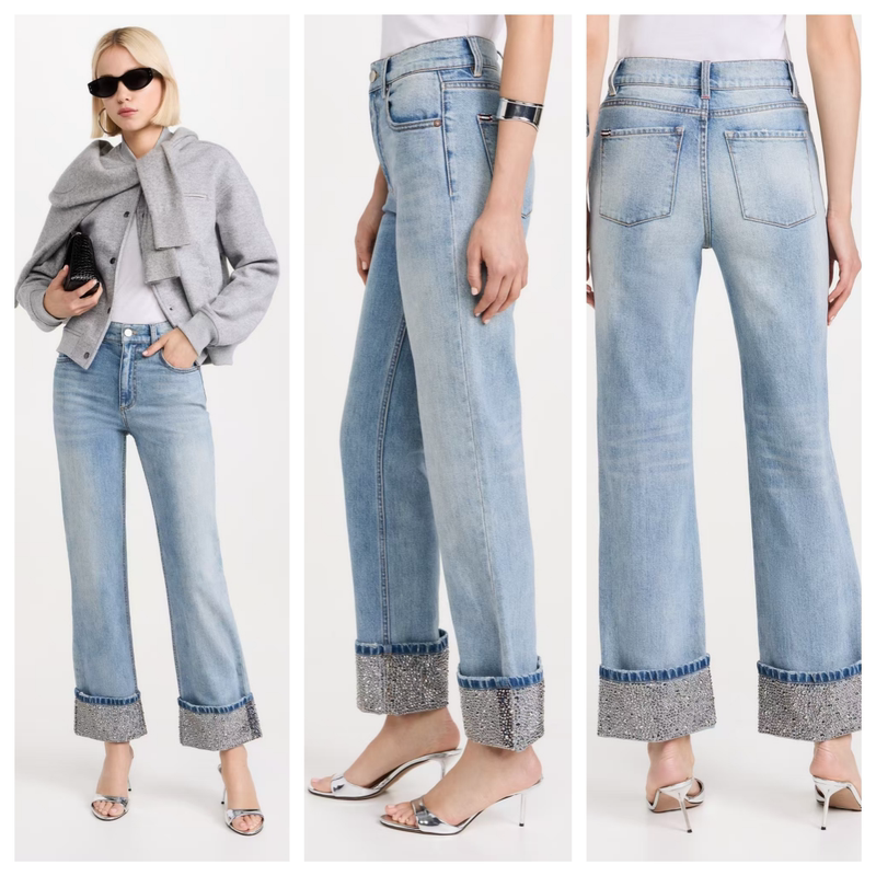 A+O Heavy-Duty Rhinestone Flared Design Light Blue Vintage Washed Straight-Leg Jeans