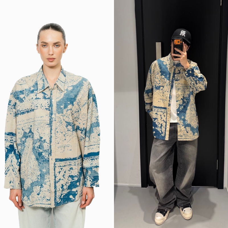 R~I3 Unisex 100% Cotton Retro Street Style Blue Multi-Print Loose Shirt R~I3 Unisex 100% Cotton Retro Street Style Blue Multi-Print Loose Shirt