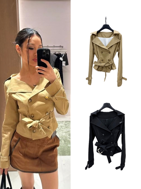 【High-End Version】26 Autumn/Winter New American Retro Stylish Double-Breasted Short Trench Coat with a Turn-Down Collar 【High-End Version】26 Autumn/Winter New American Retro Stylish Double-Breasted Short Trench Coat with a Turn-Down Collar