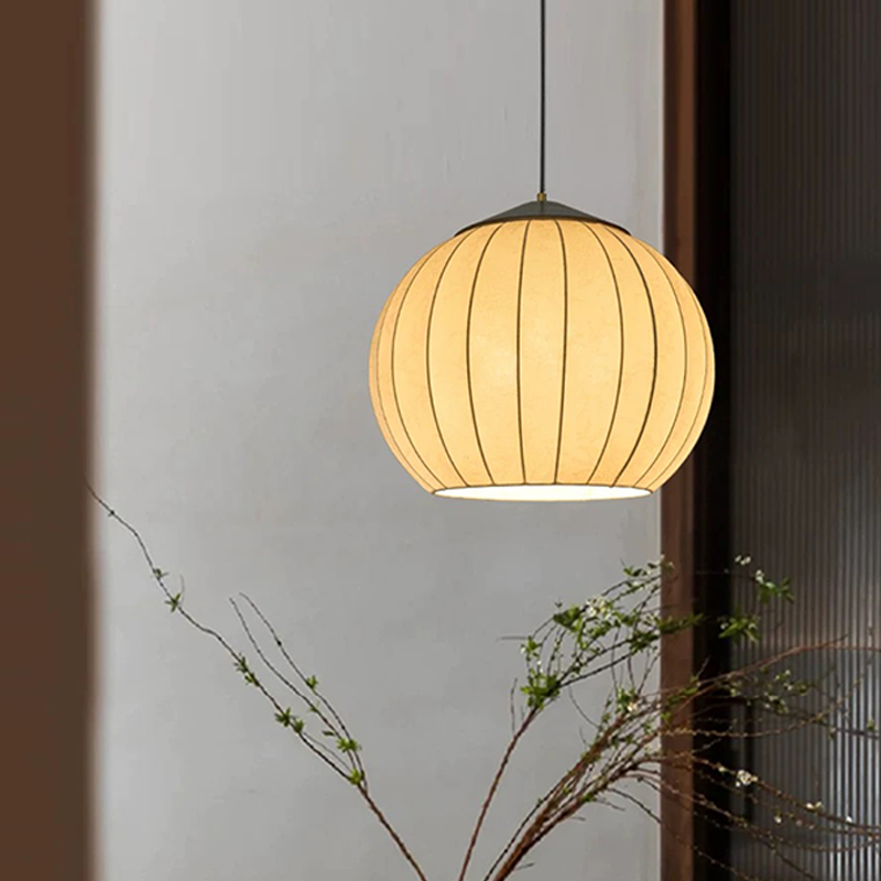 Japanese Wabi-Sabi Style Retro Tea Room Restaurant Lamp Guesthouse Bedroom Pumpkin Print Fabric Lantern Vintage Chestnut Pendant Lamp