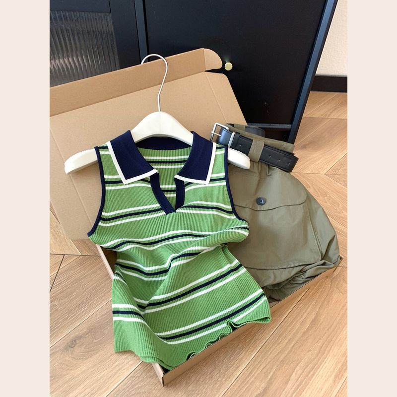 Kiss Allow Unique and Beautiful Summer Two-Piece Knitted Striped Vest and Casual Shorts Set for Petite Women