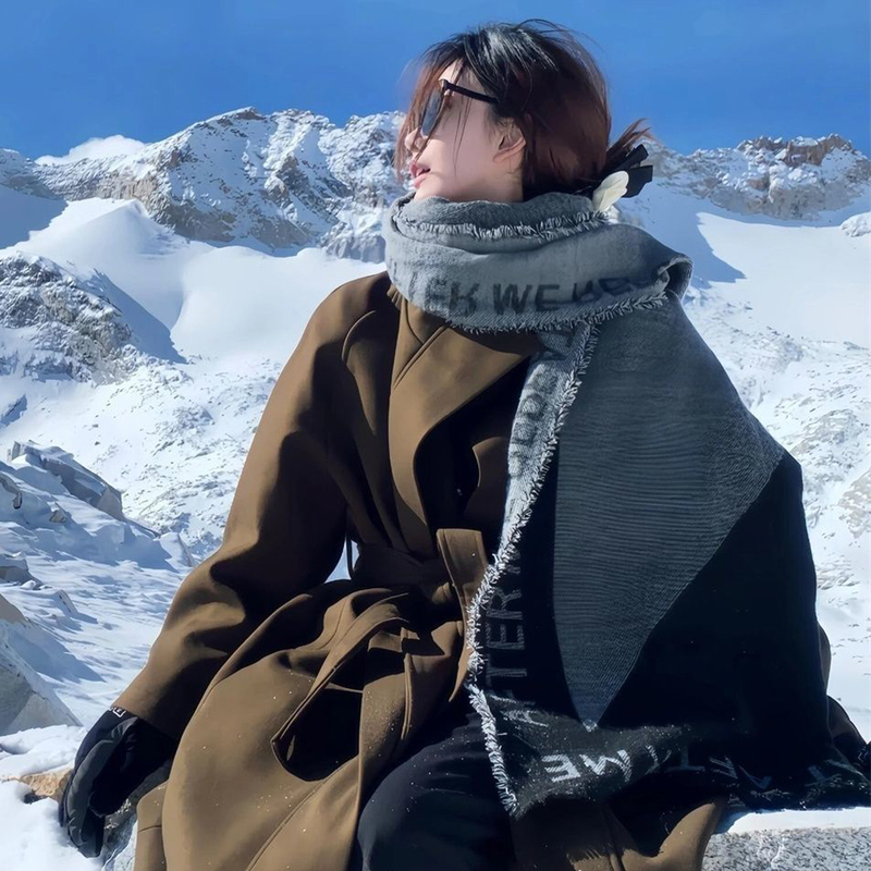 Celebrity Style Wool Scarf for Women, Long Double-Sided Black and Gray Milk Tea Cashmere Shawl with Large Monogram, Warm and Thick Neck Scarf