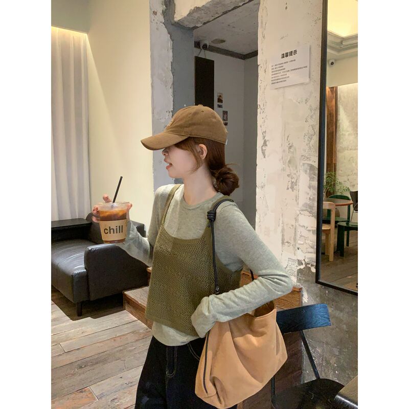 【C·Cai】Korean Style Hollow Knit Camisole + Solid Color Atmospheric Pullover 3630 # Versatile Two-Piece Set 【C·Cai】Korean Style Hollow Knit Camisole + Solid Color Atmospheric Pullover 3630 # Versatile Two-Piece Set