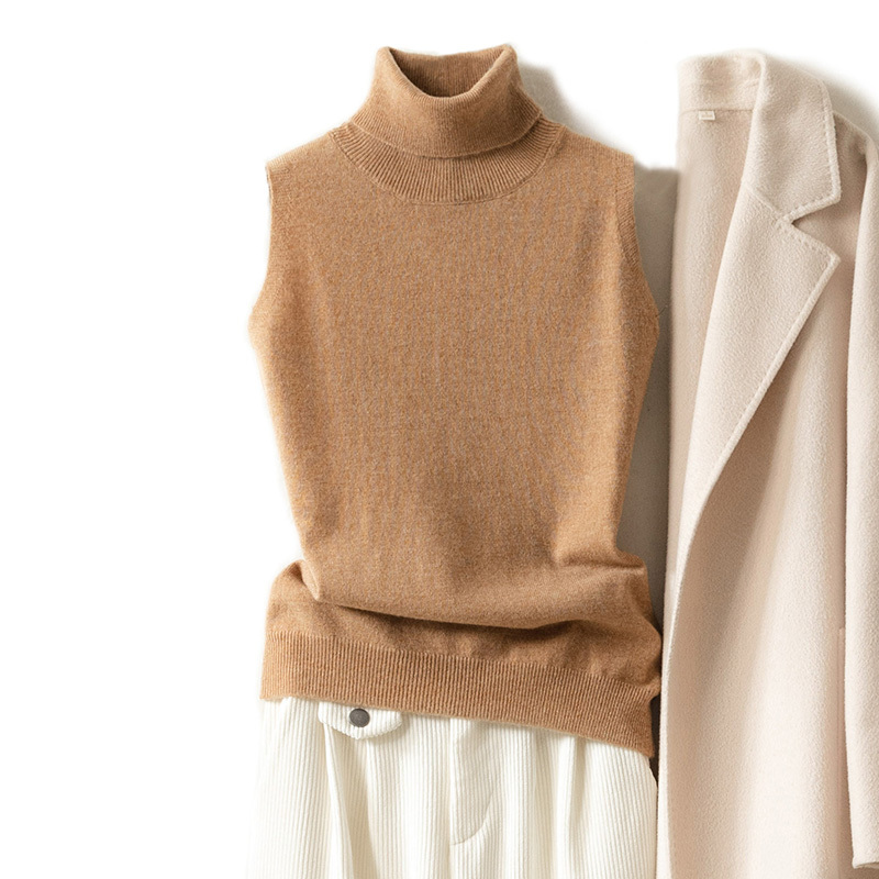 2025 Spring and Autumn New Cashmere Sweater Women's Turtleneck Sweater Sleeveless Vest Slim Short Knitted Base Wool Sweater