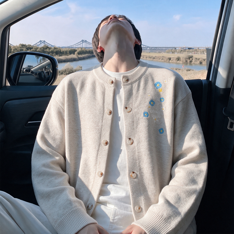 Design Embroidered Daisy Knit Cardigan Jacket for Men, Youth Spring and Autumn Trendy Brand Lazy Japanese Style Sweater Jacket
