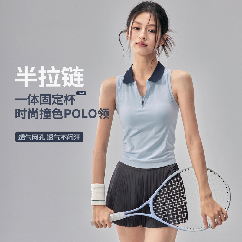 Sleeveless Sports Polo Shirt for Women with Chest Pads, Tennis Shirt, Yoga Vest, Running Quick-Drying Training T-Shirt, Summer
