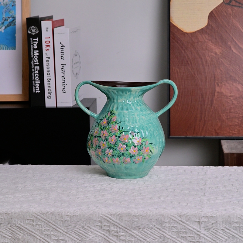 Yunshè Jingdezhen Ceramic Vase, Green Hand-Painted Floral Double-Handle Vase, Pastoral Style Home Decor, Hydroponic Flower Arrangement Vessel Yunshè Jingdezhen Ceramic Vase, Green Hand-Painted Floral Double-Handle Vase, Pastoral Style Home Decor, Hydroponic Flower Arrangement Vessel