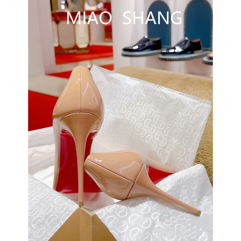 Sexy Side-Cut Red-Soled Nude High Heels, Feminine, High-End, Comfortable, Stiletto, Shallow Patent Leather Black Pumps