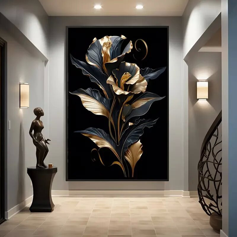 Italian-Style Light Luxury Living Room Decorative Painting, Black and Gold Embossed Floral Three-Dimensional Art, High-End Wall Hanging Painting for Villa Model Rooms Italian-Style Light Luxury Living Room Decorative Painting, Black and Gold Embossed Floral Three-Dimensional Art, High-End Wall Hanging Painting for Villa Model Rooms
