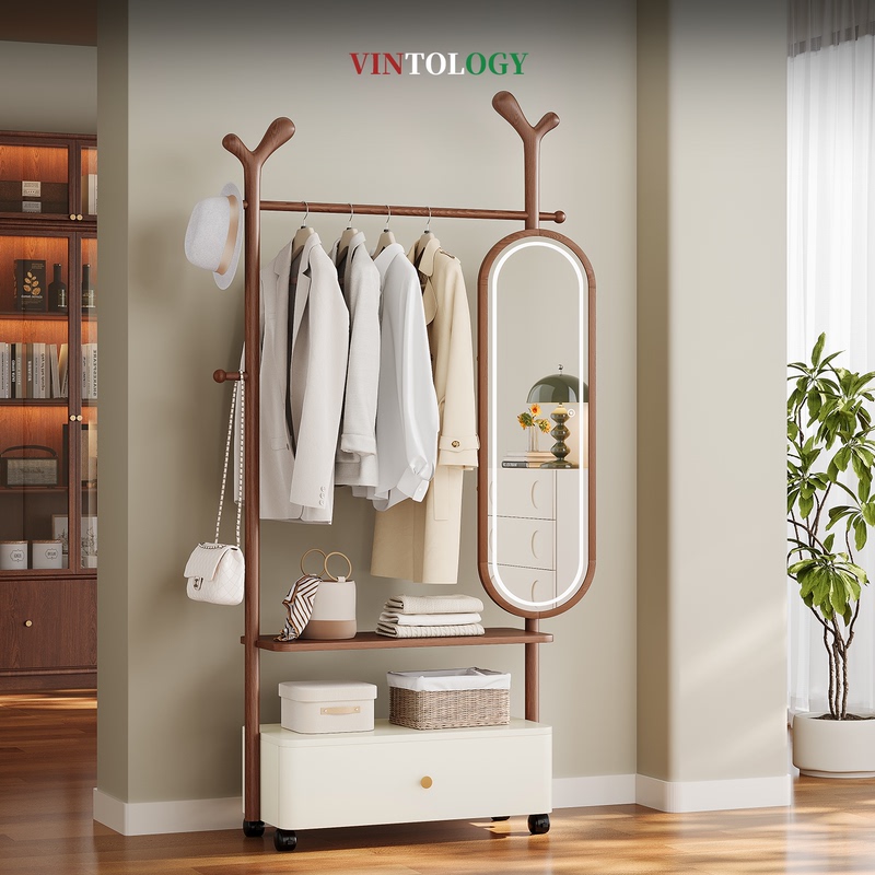 Medieval-Style Solid Wood Coat Rack with Full-Length Mirror, Floor-Standing Bedroom Clothes Rack, Integrated Movable Drawer Storage Rack