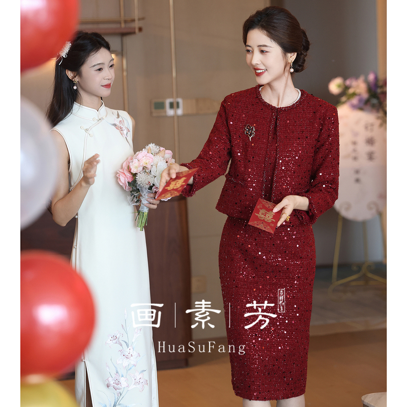 Elegant and Luxurious Wedding Attire for Mother-In-Law, High-End Dress with a Noble and Youthful Style, Mother's Qipao, Chanel-Inspired Set