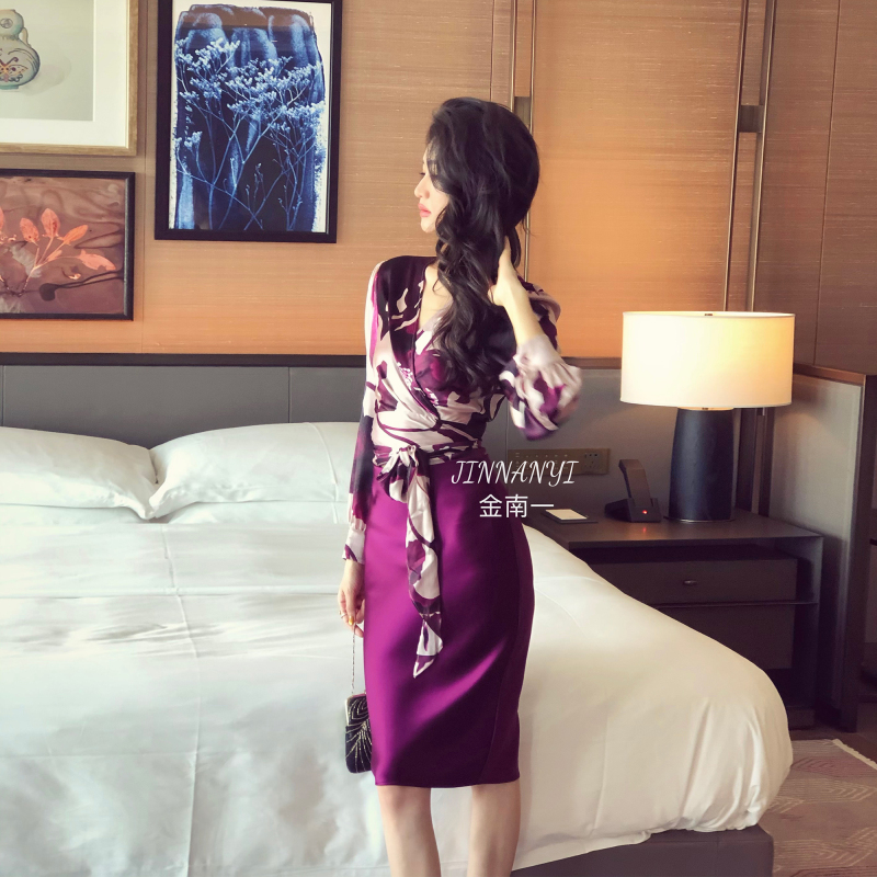 Kim Nanyi Mulberry Silk Blend Purple Artistic Print V-Neck Long-Sleeve Tie-Waist Shirt for Women, Niche Design