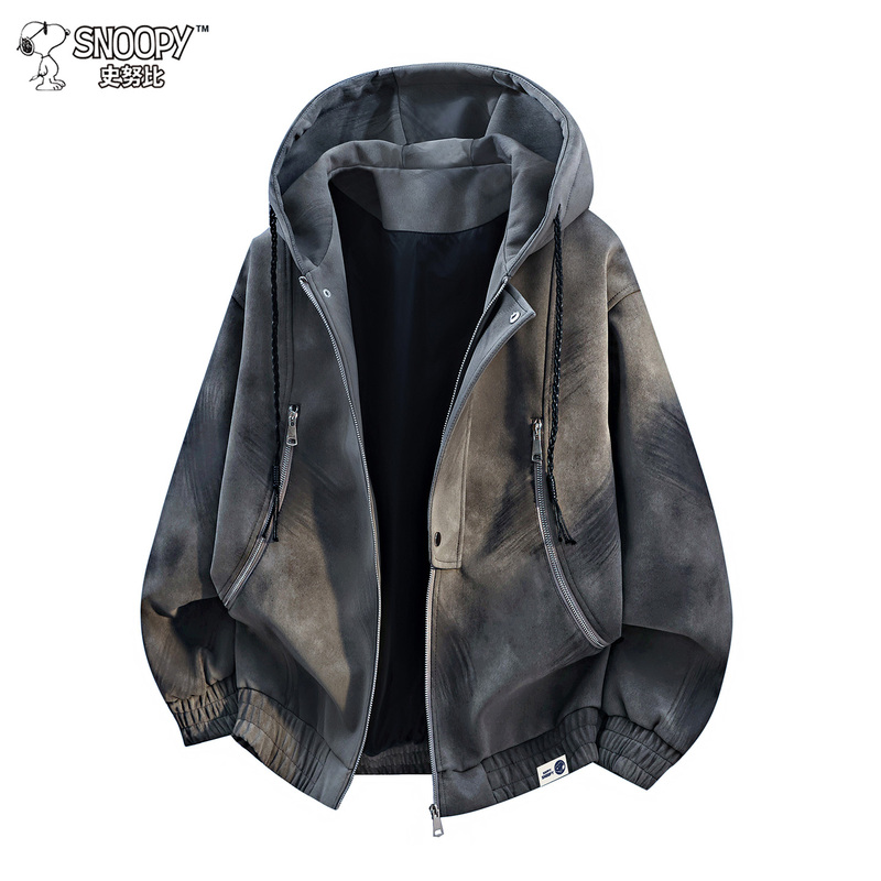 Snoopy Trendy Brand Hooded Pu Leather Jacket for Men 2026 Autumn New Tie-Dye Cool Biker Jacket