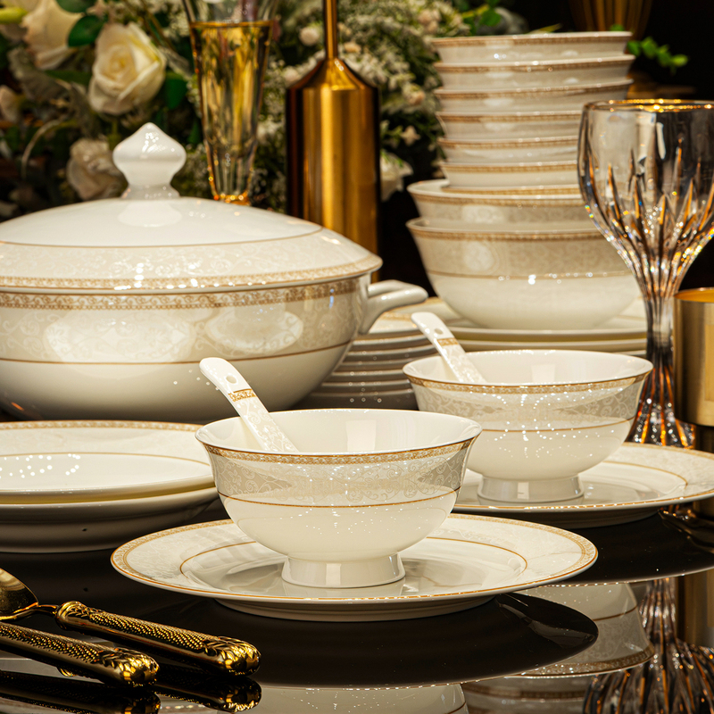Jingjia Bone China Tableware Set, Authentic High-End Luxury Ceramic Jingdezhen Bowl and Plate Set for Home Use, Wedding Gift