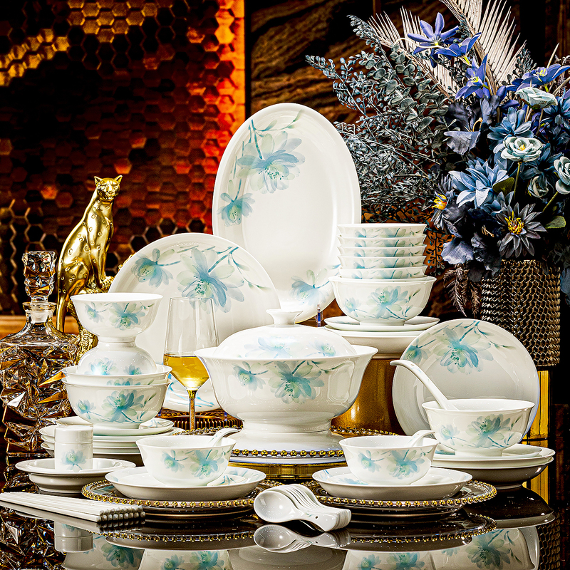 【Jingjia】Qinghe Yulan Jingdezhen Tableware, Light Luxury Bowls and Plates, Housewarming Gift Bowl and Plate Set, High-End Feel for Home Use