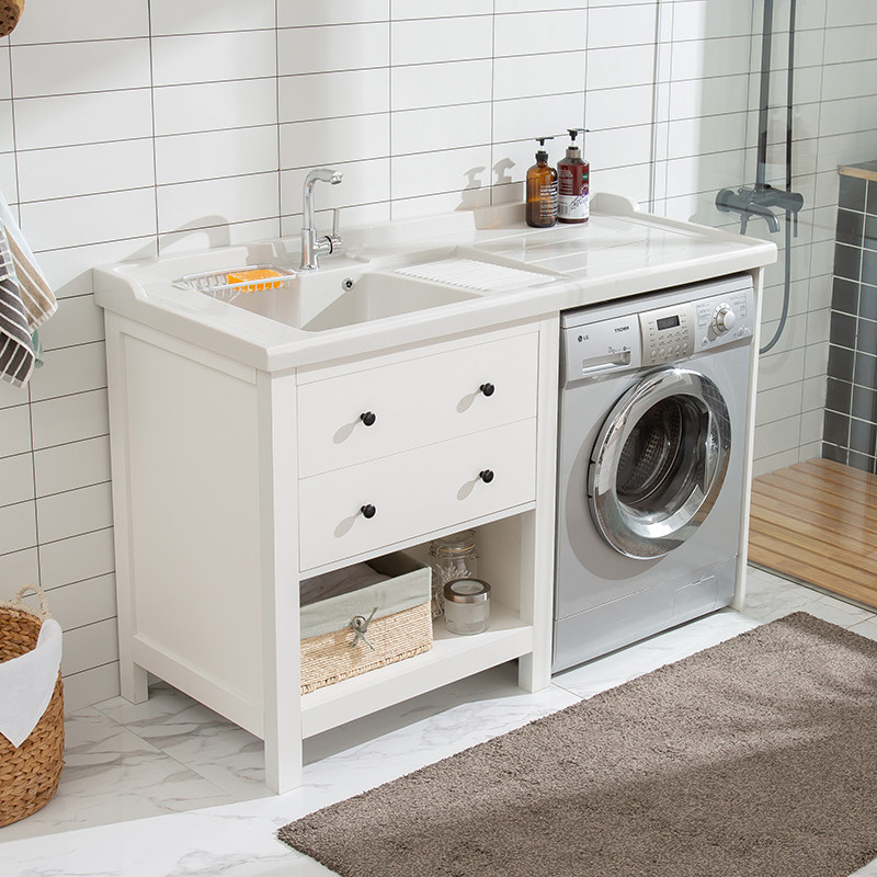 Nordic solid wood laundry cabinet balcony combined partner with washboard washing machine cabinet washbasin Wash Basin Pool