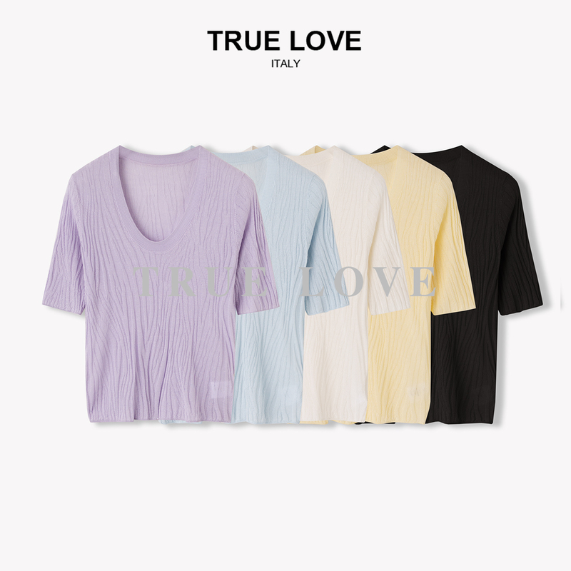 【True Love】Lyocell Acetate Linen Ribbed U-Neck Mid-Sleeve Knitwear Td1K3144007C
